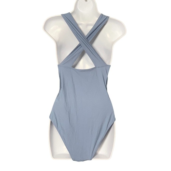 Women's Size Medium One-Piece Swimsuit Dusty Blue Deep V Neck Crisscross Back - Picture 4 of 7